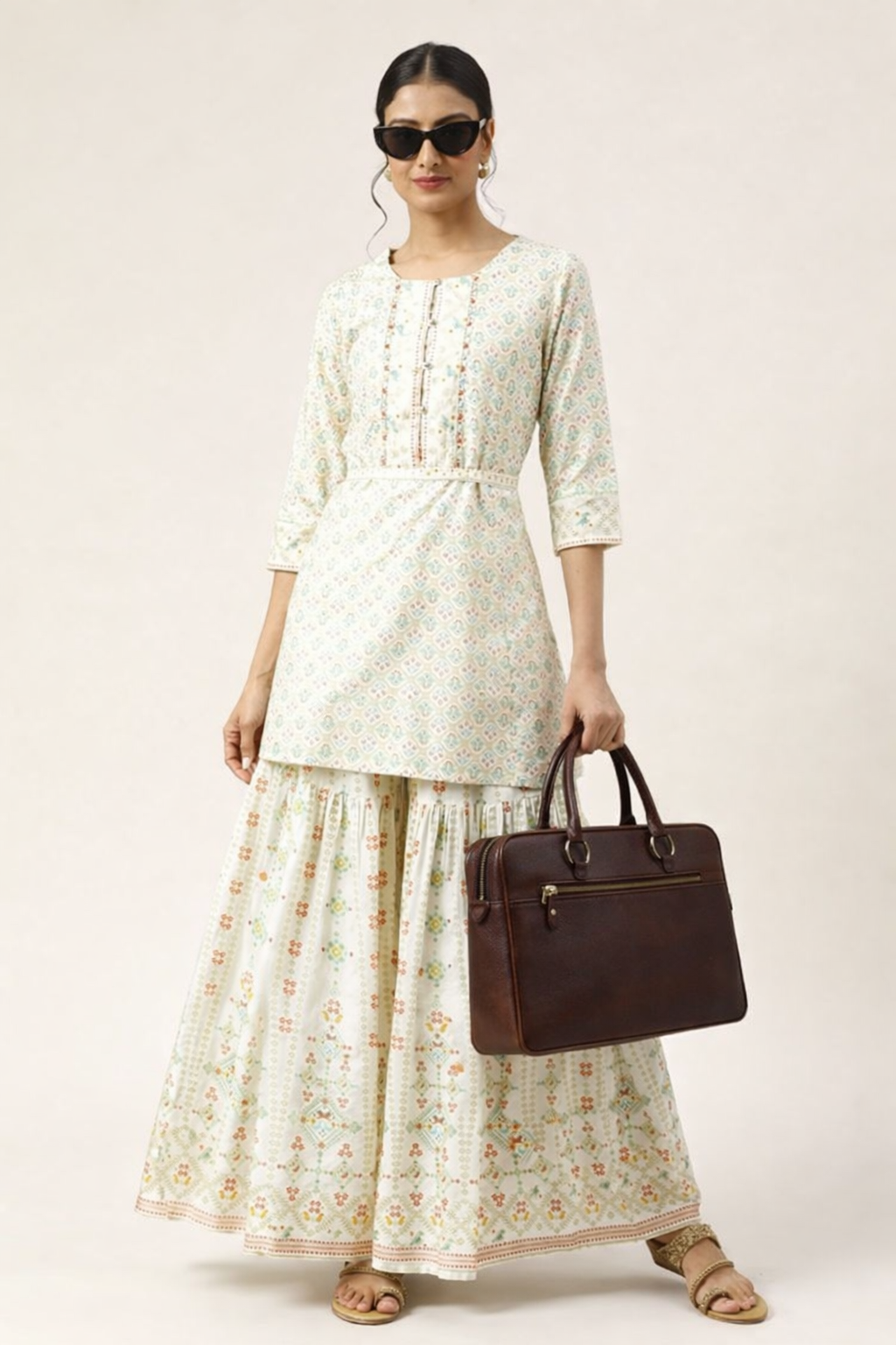 Women Ecru Short Kurta and Sharara